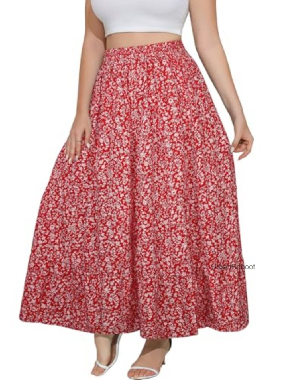 Plus Size Floral Maxi Skirt High Waist A-Line Flowy Swing Tiered